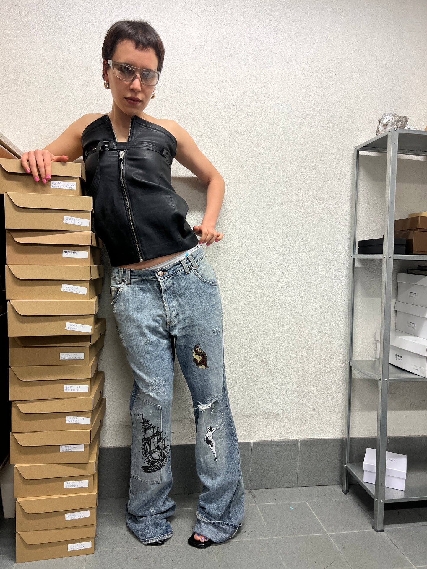 ROBERTO CAVALLI just cavalli tattoo graphic distressed denim bootcut trousers (M)