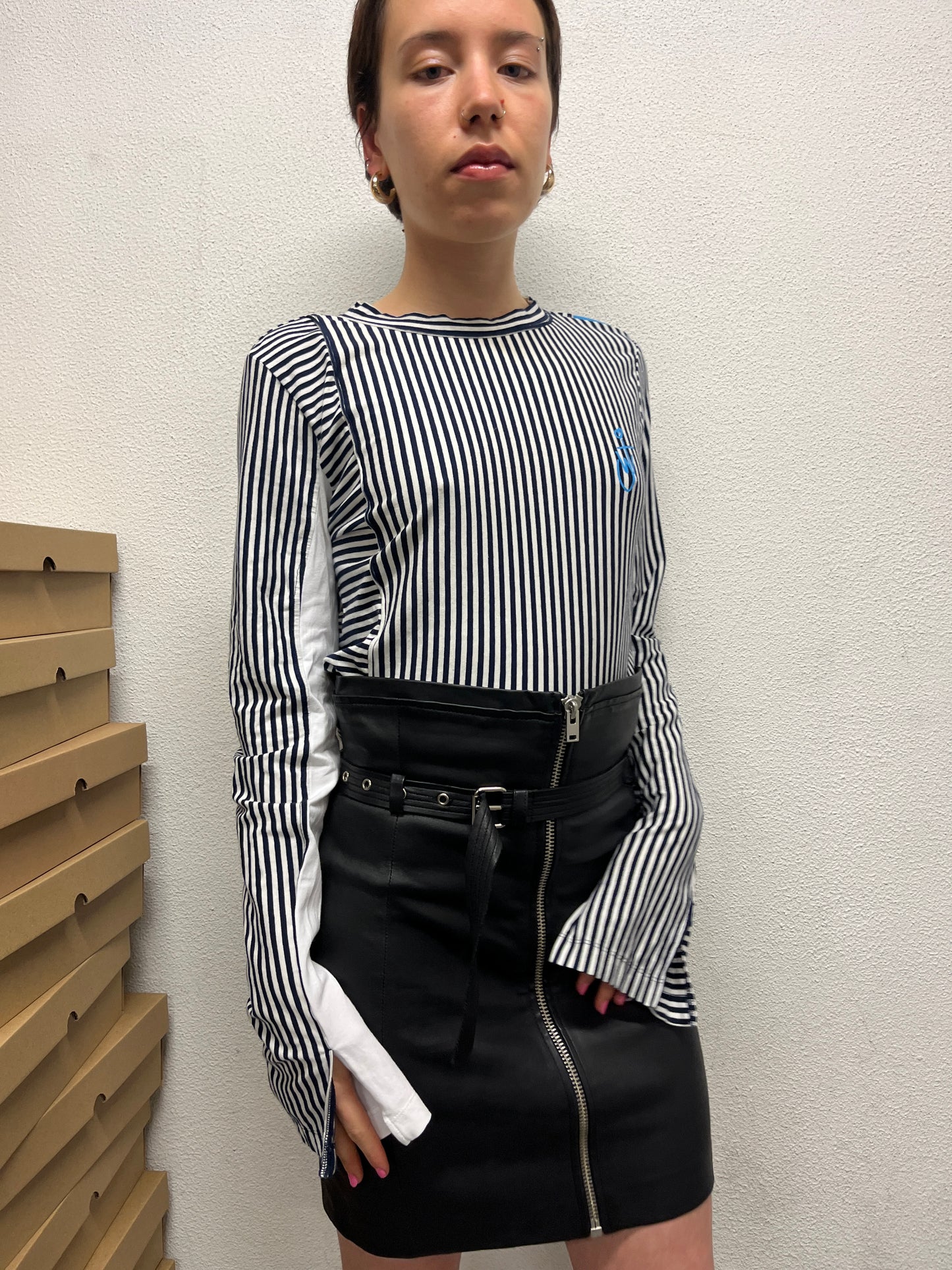 J.W. ANDERSON striped longsleeve top with fist cut-outs and chest logo (L)