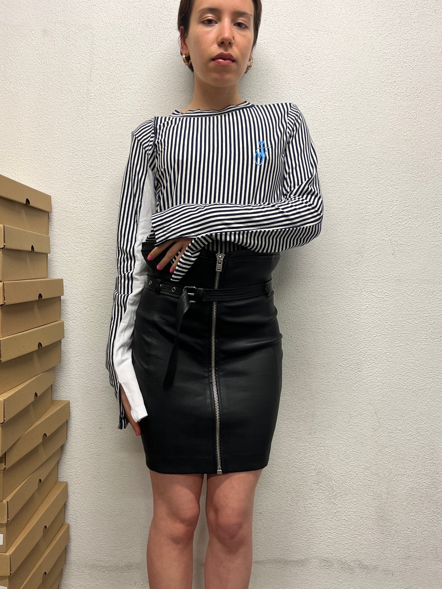 J.W. ANDERSON striped longsleeve top with fist cut-outs and chest logo (L)