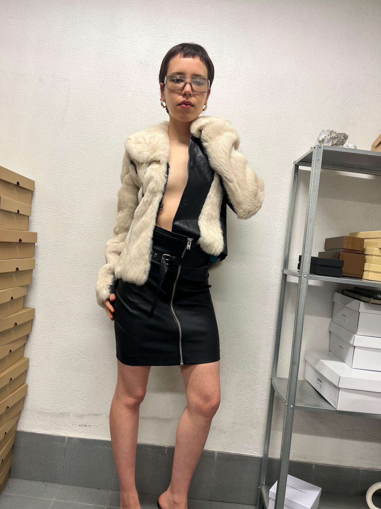 VINTAGE BDBA leather and real fur jacket (M)