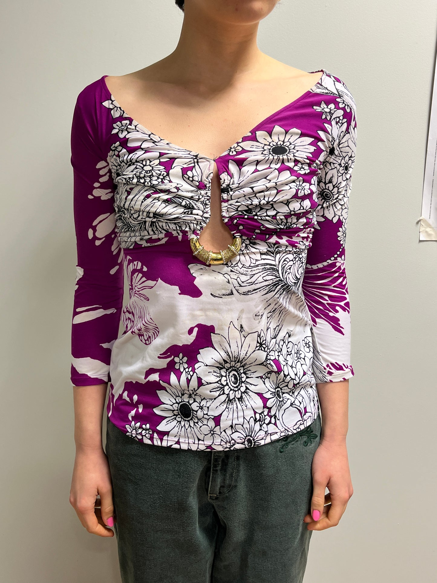 ROBERTO CAVALLI pink floral print draped blouse with golden hoop (M)