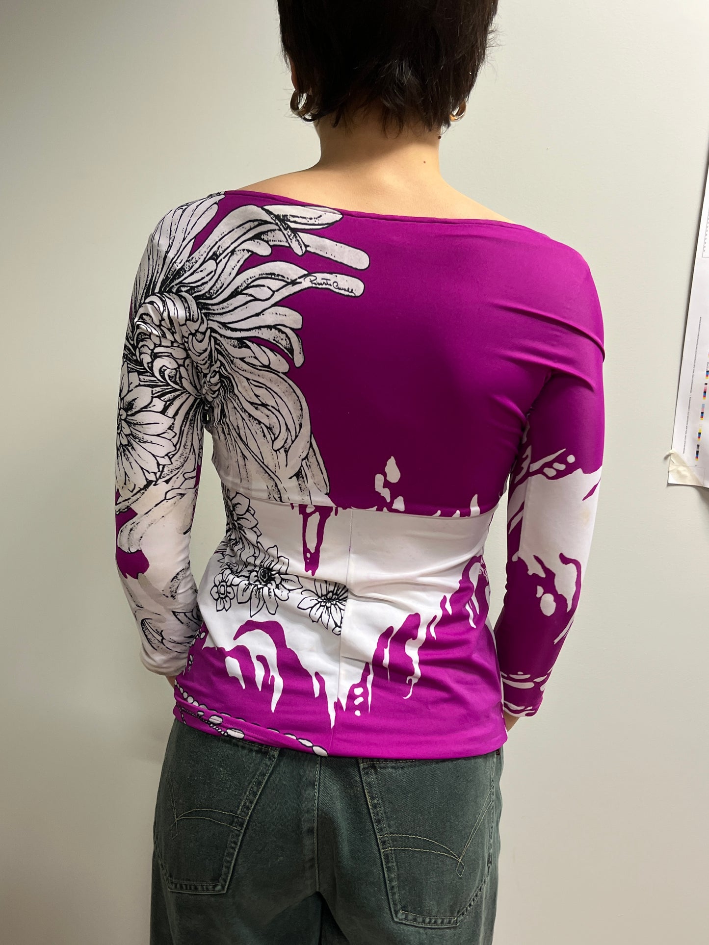 ROBERTO CAVALLI pink floral print draped blouse with golden hoop (M)
