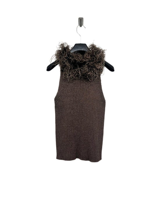 VALENTINO wool knit brown sleeveless top with genuine feather collar (S)