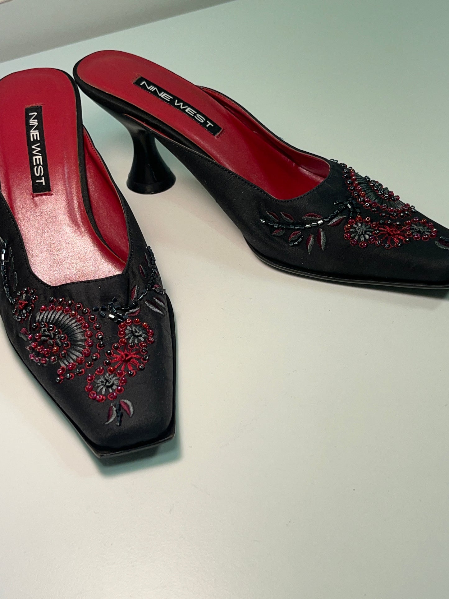 NINE WEST black squared toe beaded mules (36)