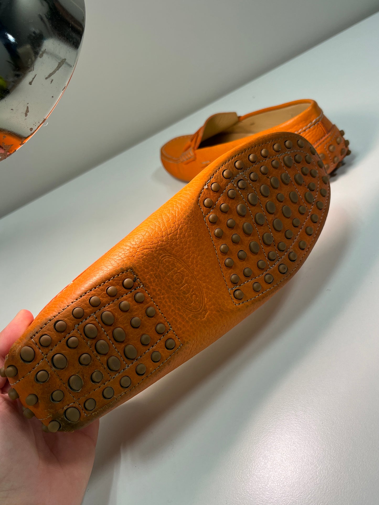 TOD's orange leather flat boat loafers shoes (38)