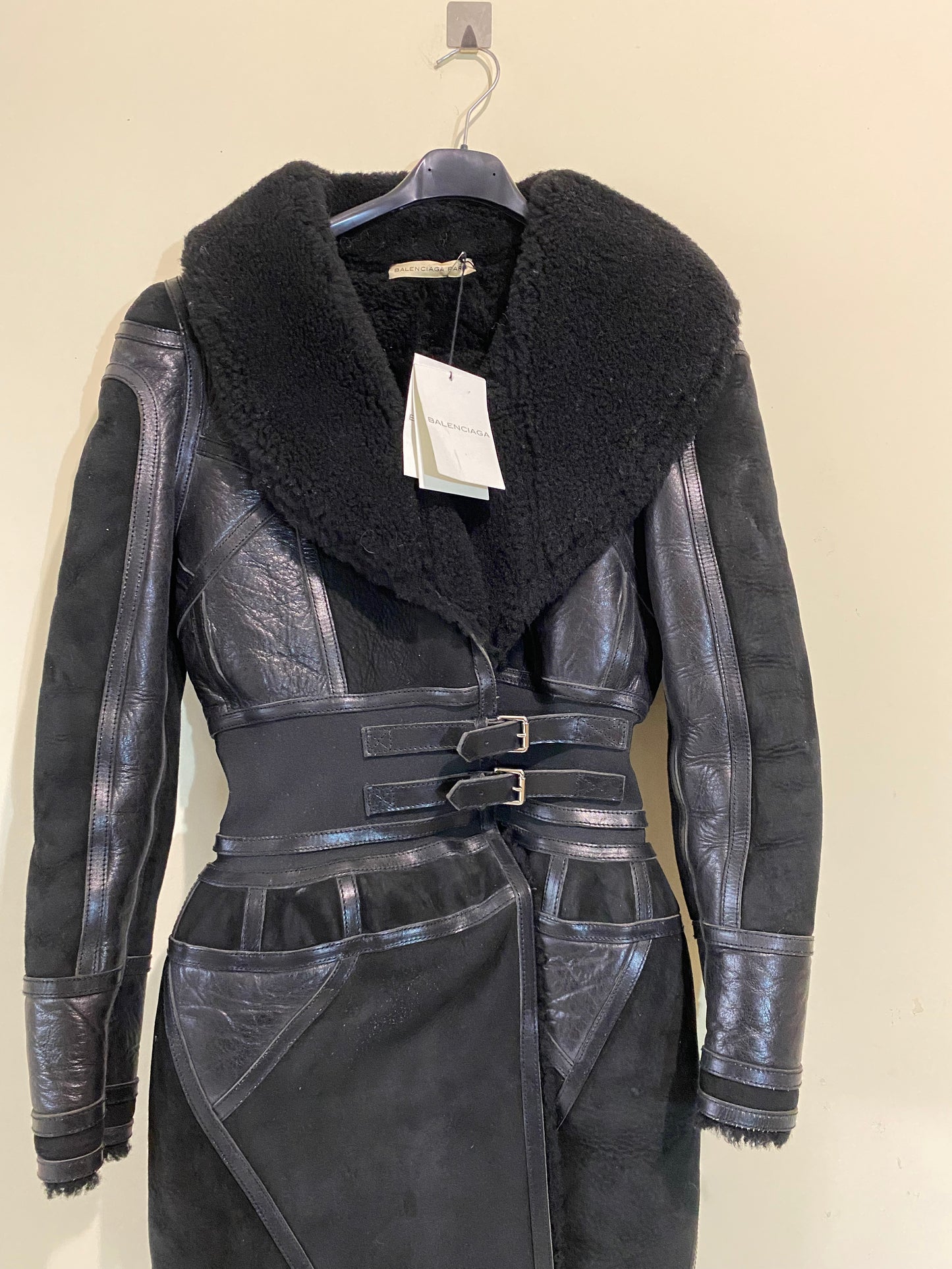 BALENCIAGA shearling lined suede and leather 2007 runway corset coat by Nicholas Ghesquière