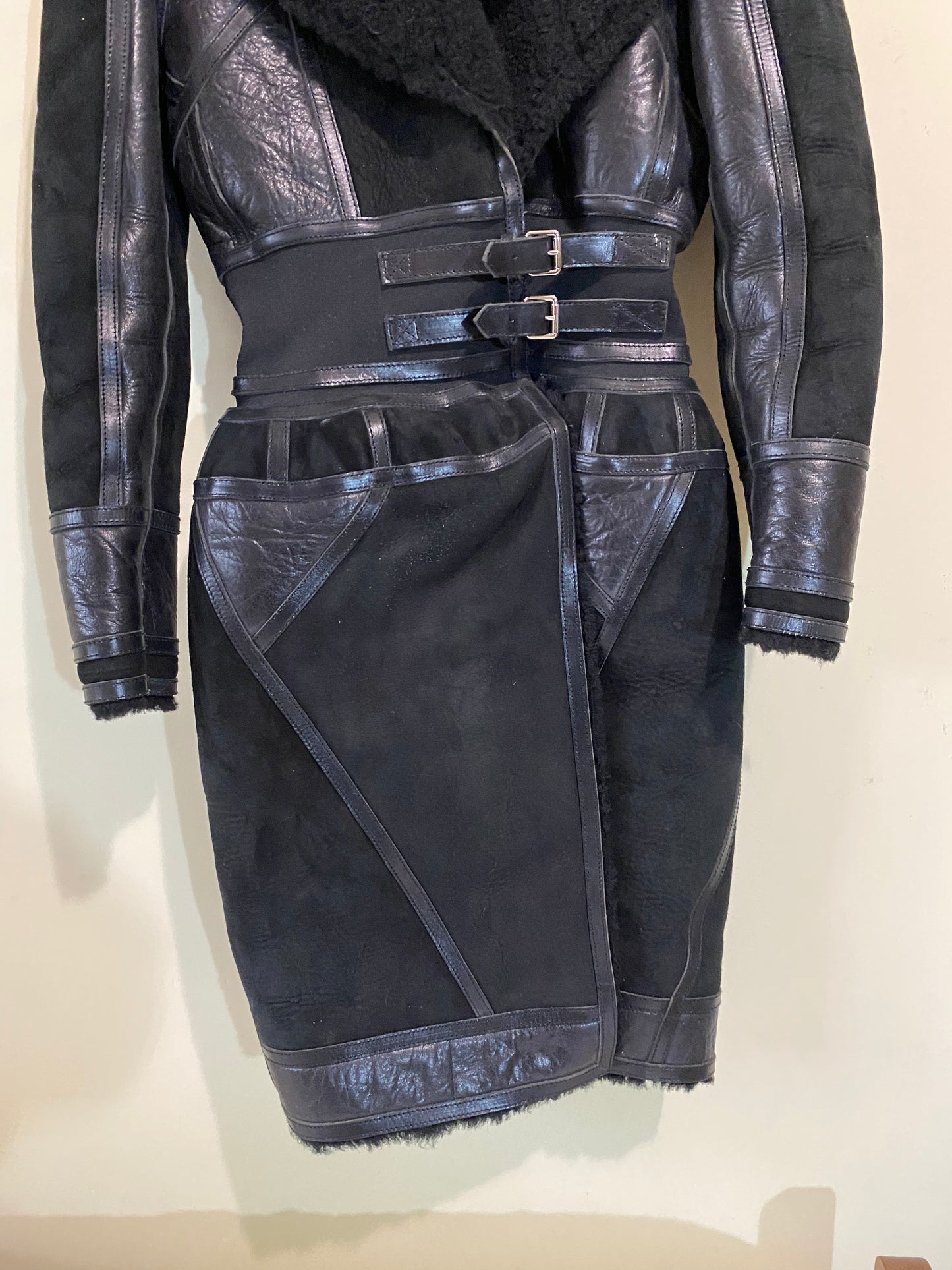 BALENCIAGA shearling lined suede and leather 2007 runway corset coat by Nicholas Ghesquière