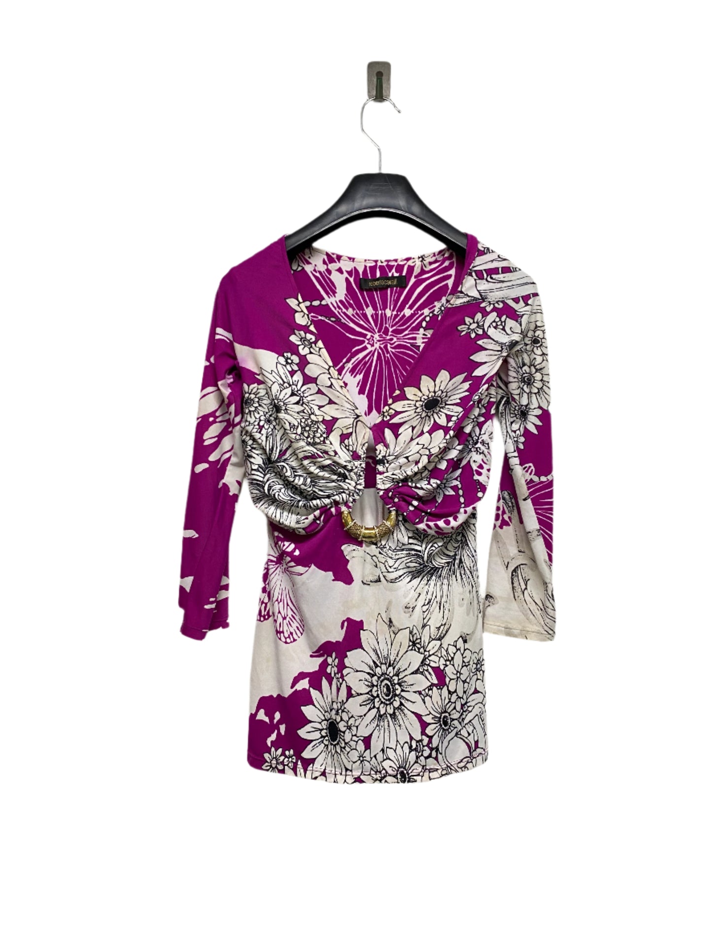 ROBERTO CAVALLI pink floral print draped blouse with golden hoop (M)