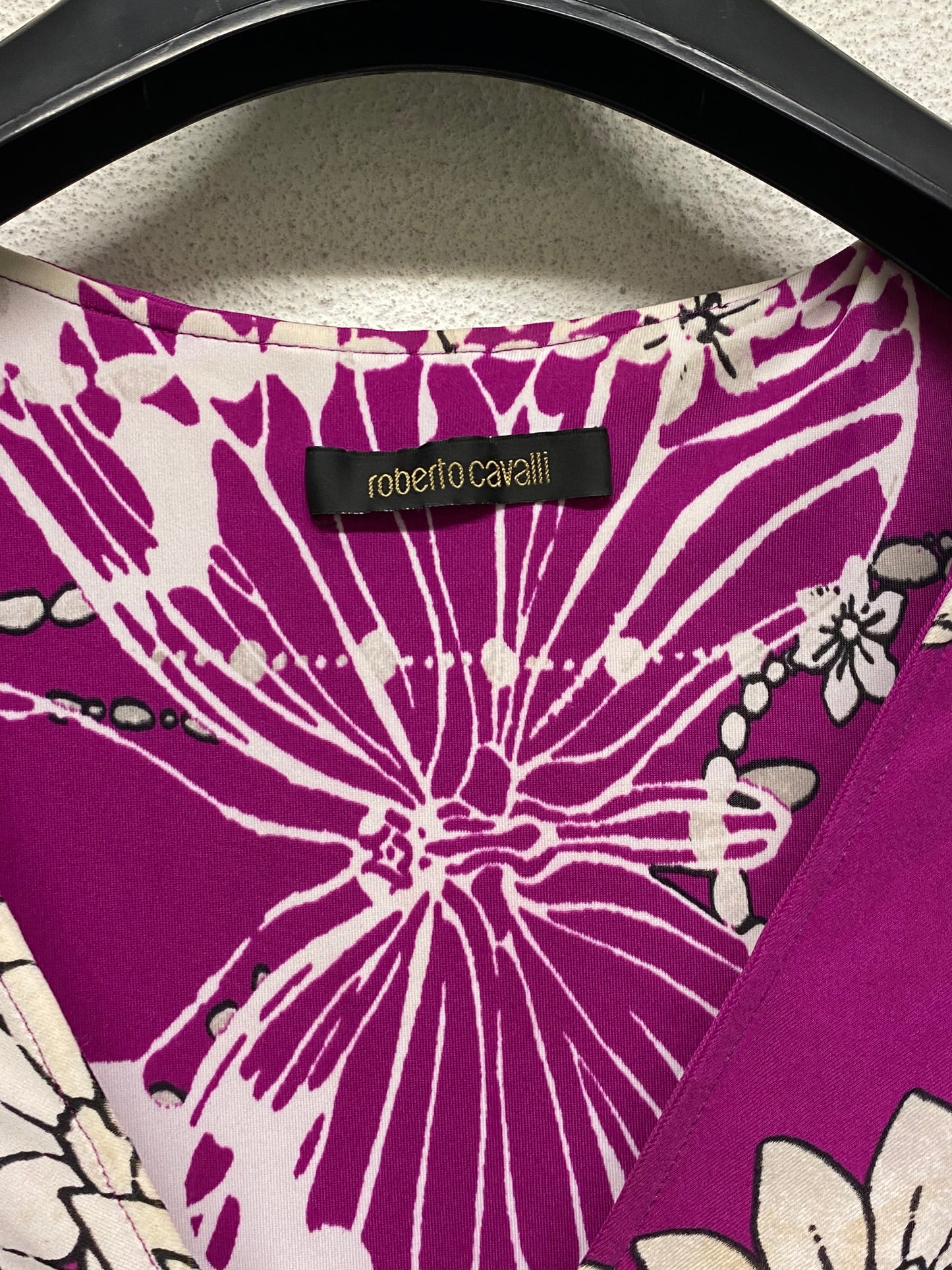 ROBERTO CAVALLI pink floral print draped blouse with golden hoop (M)