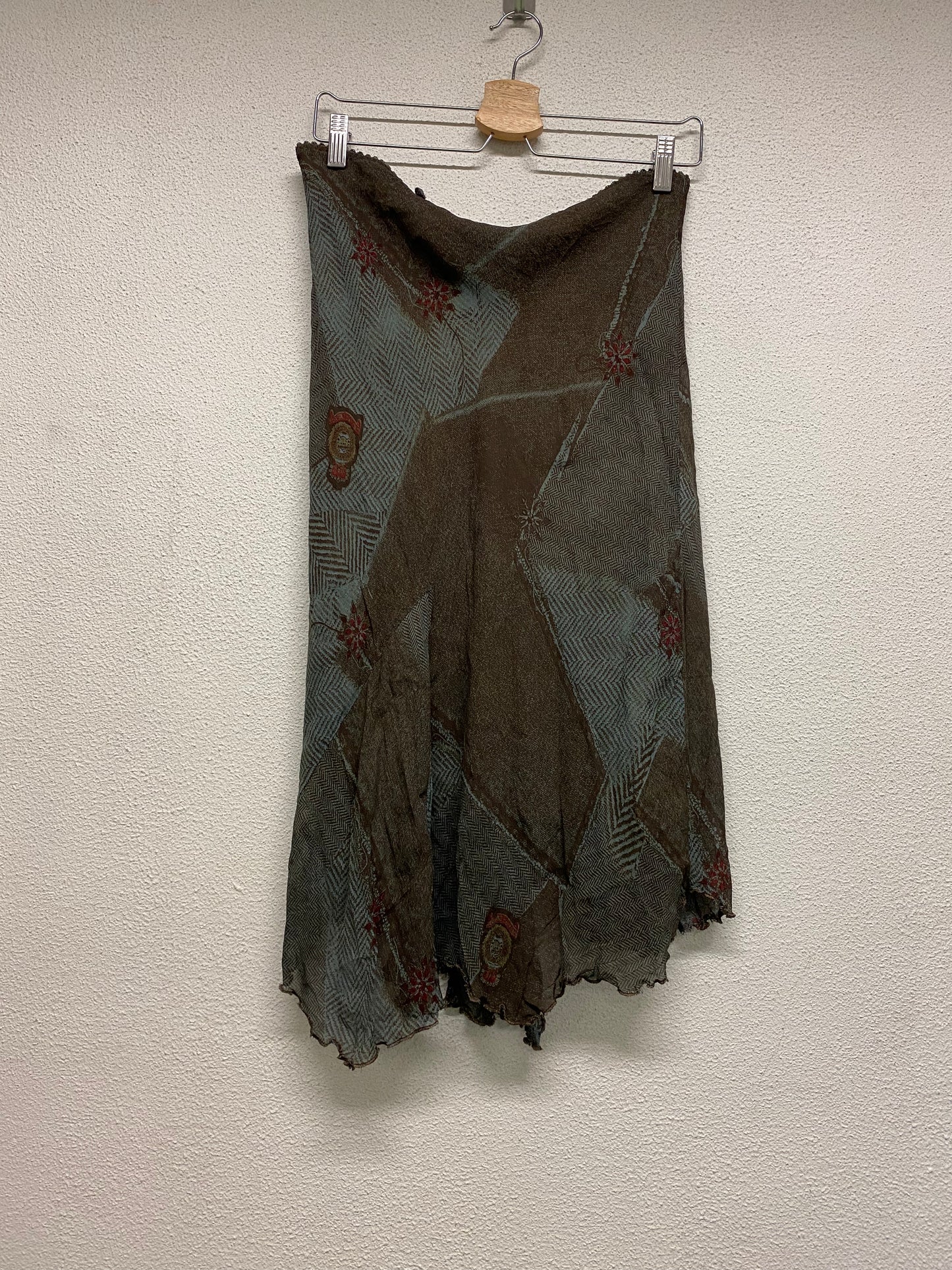 SANDRO brown asymetrical ruffled mesh midi graphic silk skirt (M)