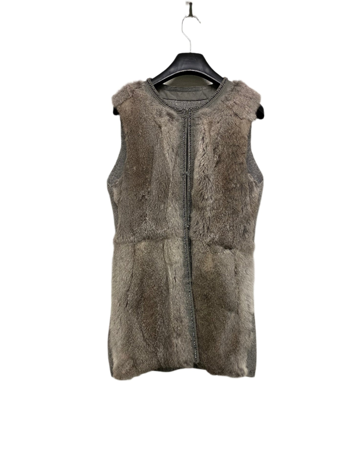 VINTAGE grey rabbit fur vest with silver chain detail (M)