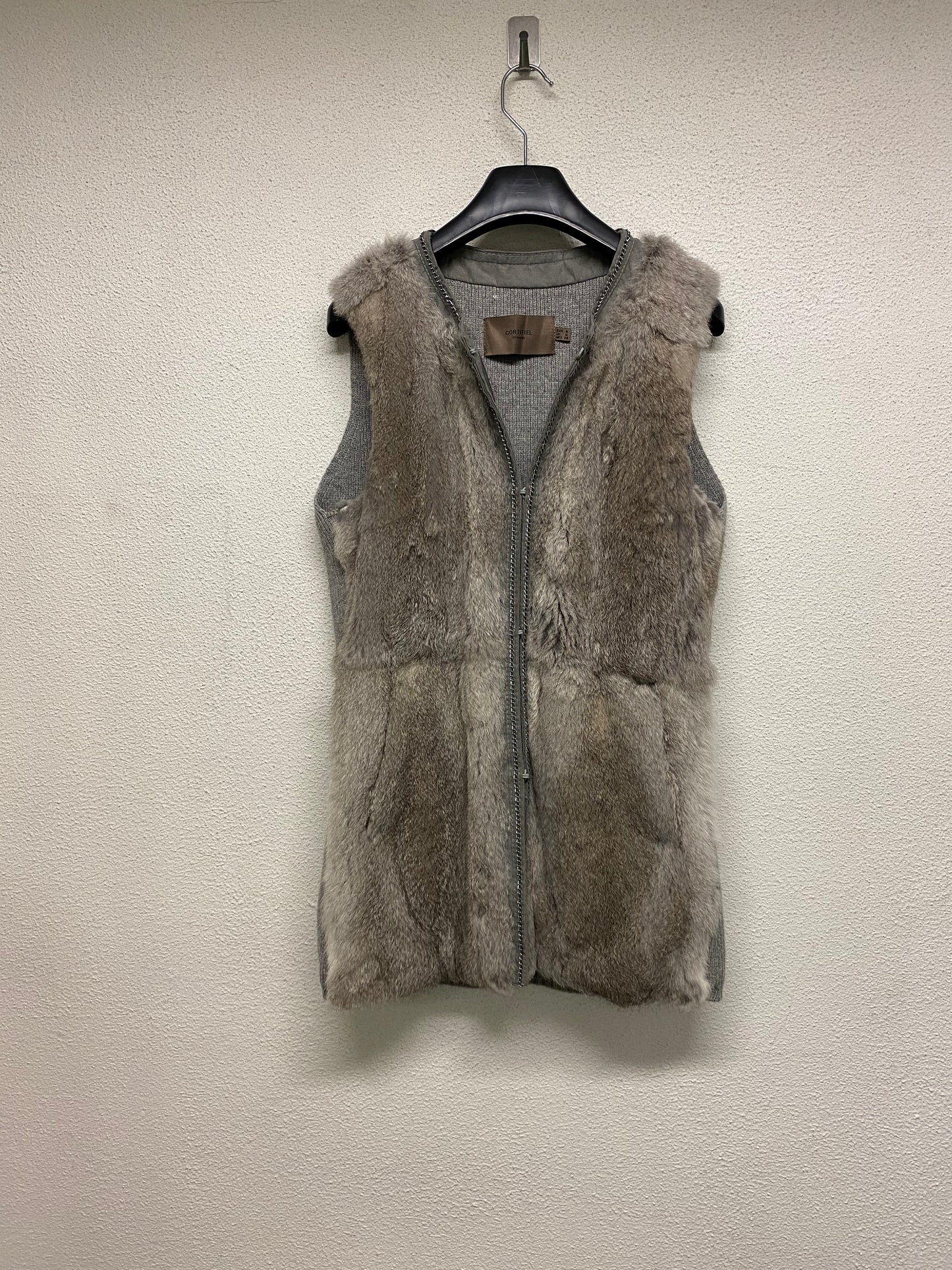 VINTAGE grey rabbit fur vest with silver chain detail (M)