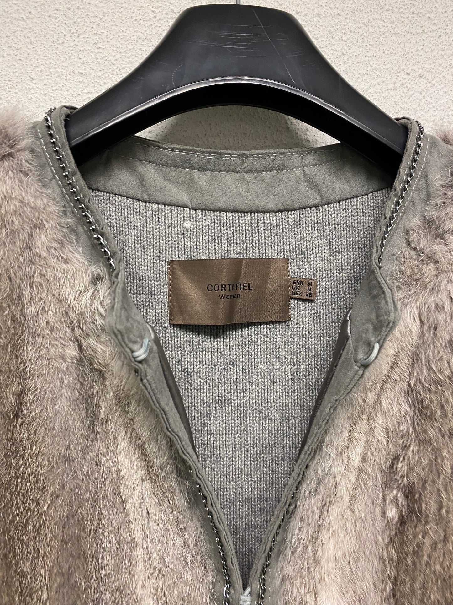 VINTAGE grey rabbit fur vest with silver chain detail (M)