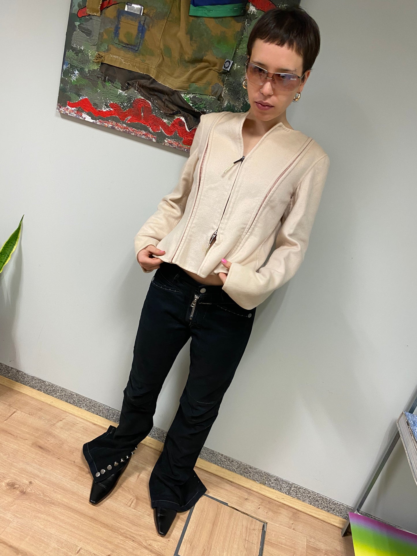 ARMANI corseted zip up cashemere beige blazer-jacket (M)