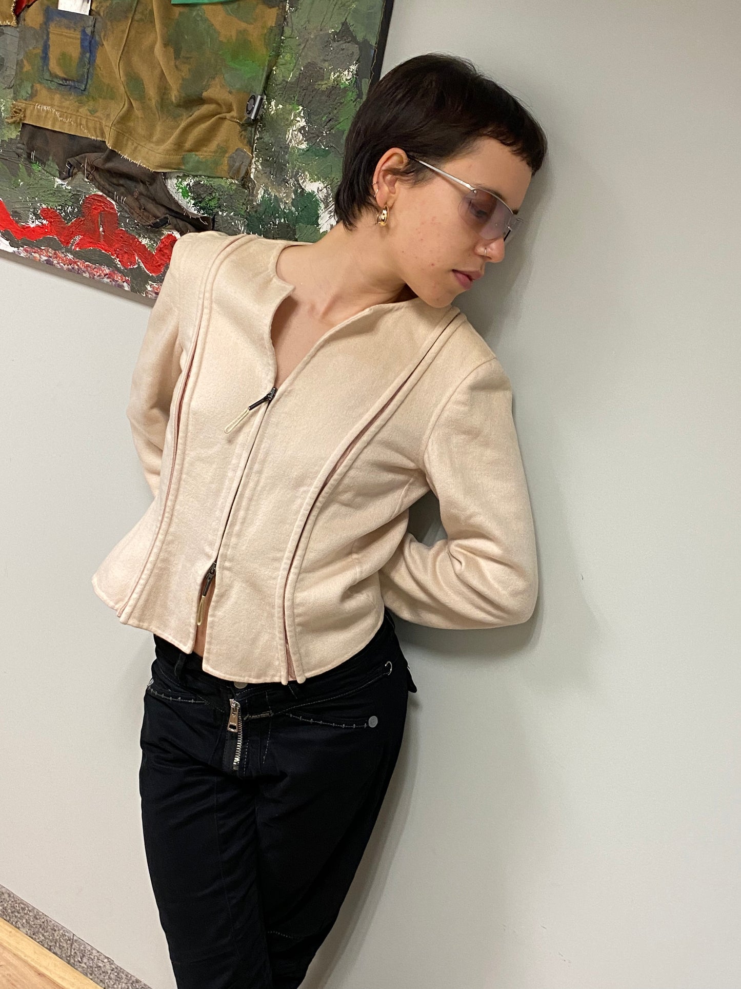 ARMANI corseted zip up cashemere beige blazer-jacket (M)