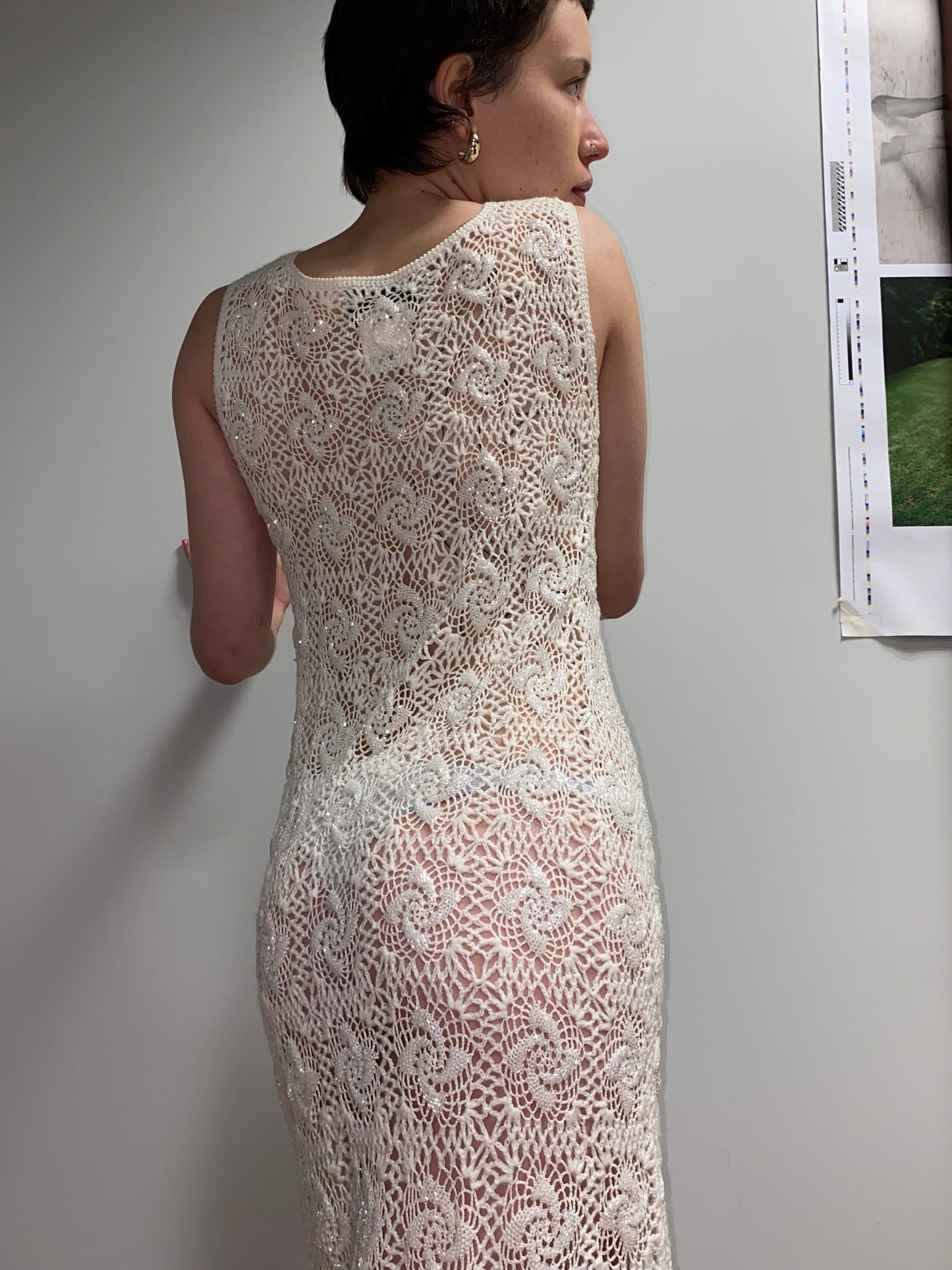 DOLCE & GABBANA wool sleeveless crochet beaded midi dress (M)
