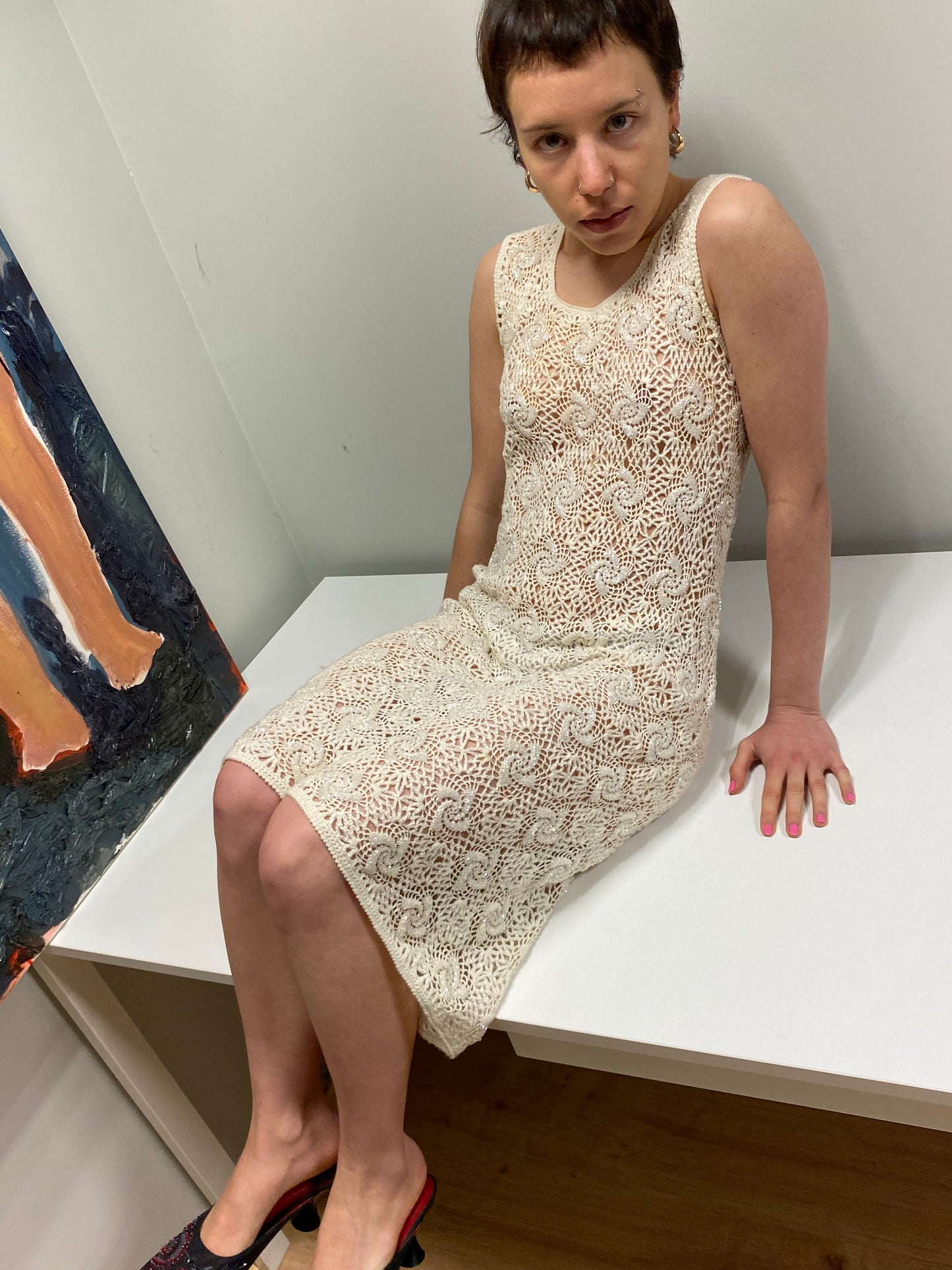 DOLCE & GABBANA wool sleeveless crochet beaded midi dress (M)