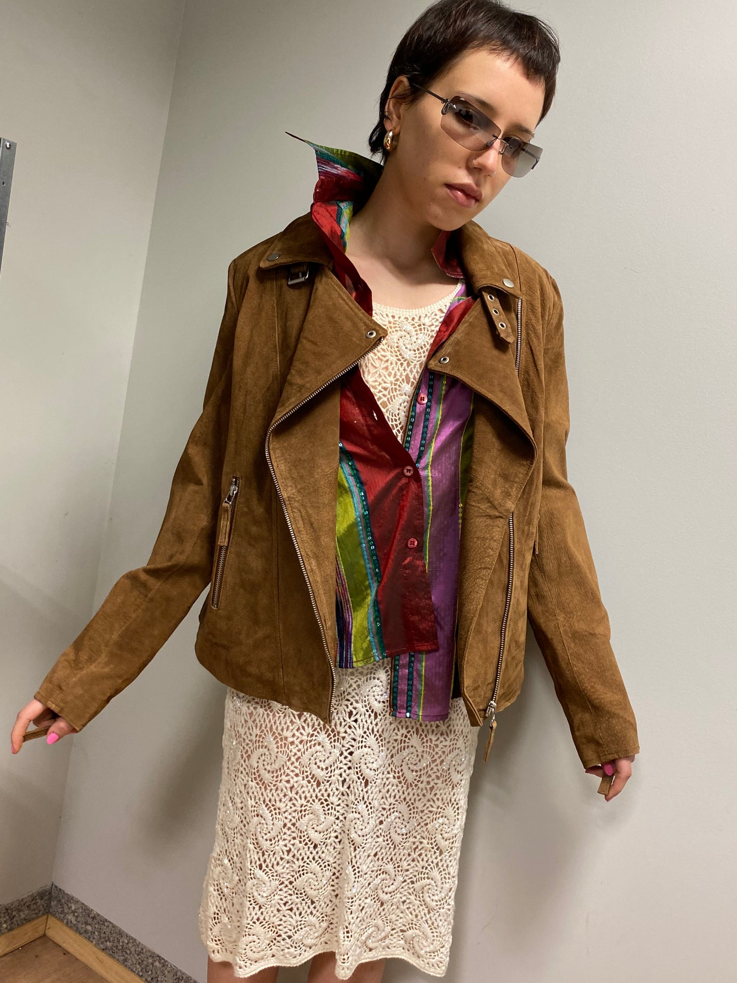 VINTAGE brown suede leather zipped jacket (M)