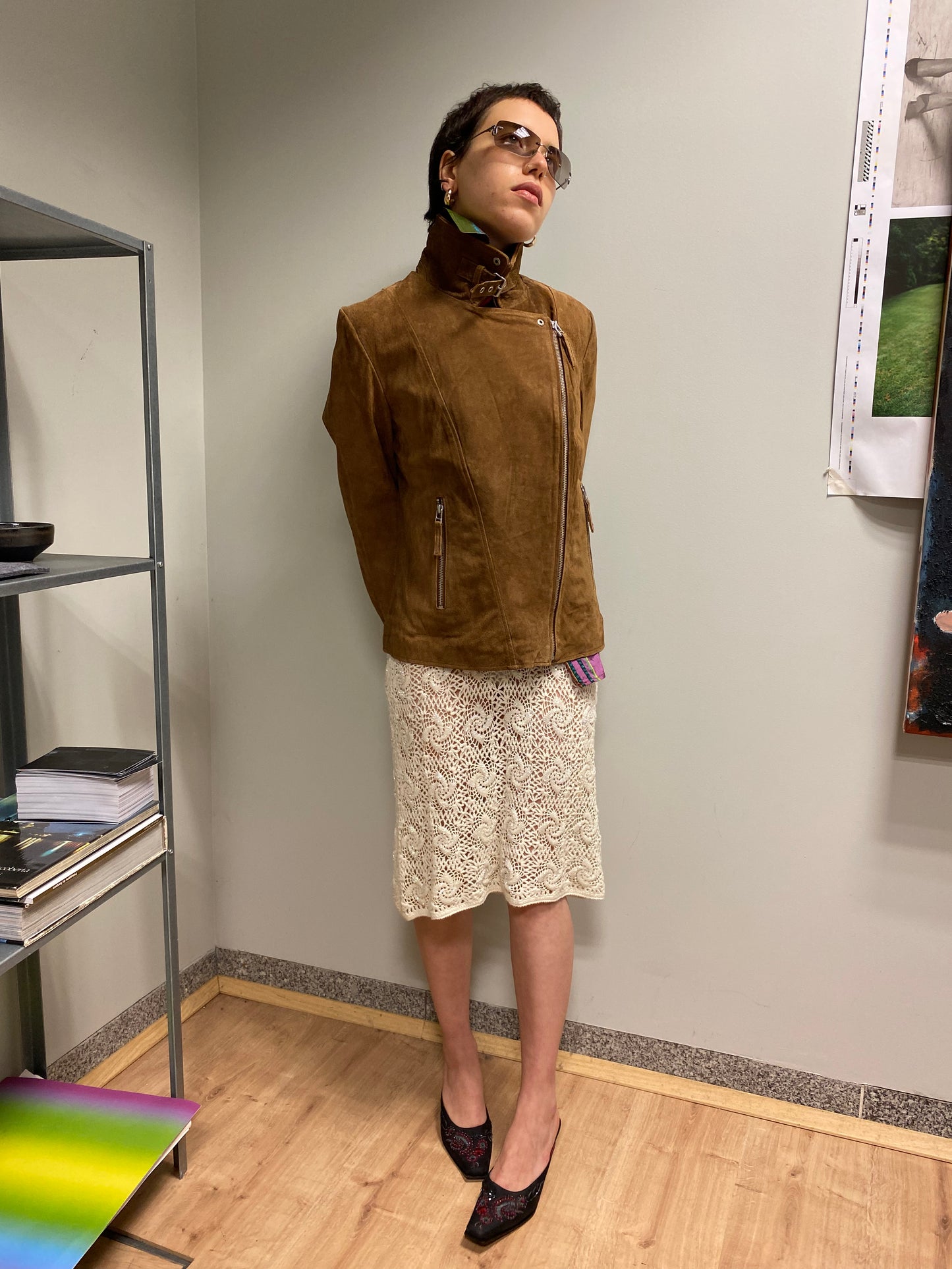 VINTAGE brown suede leather zipped jacket (M)