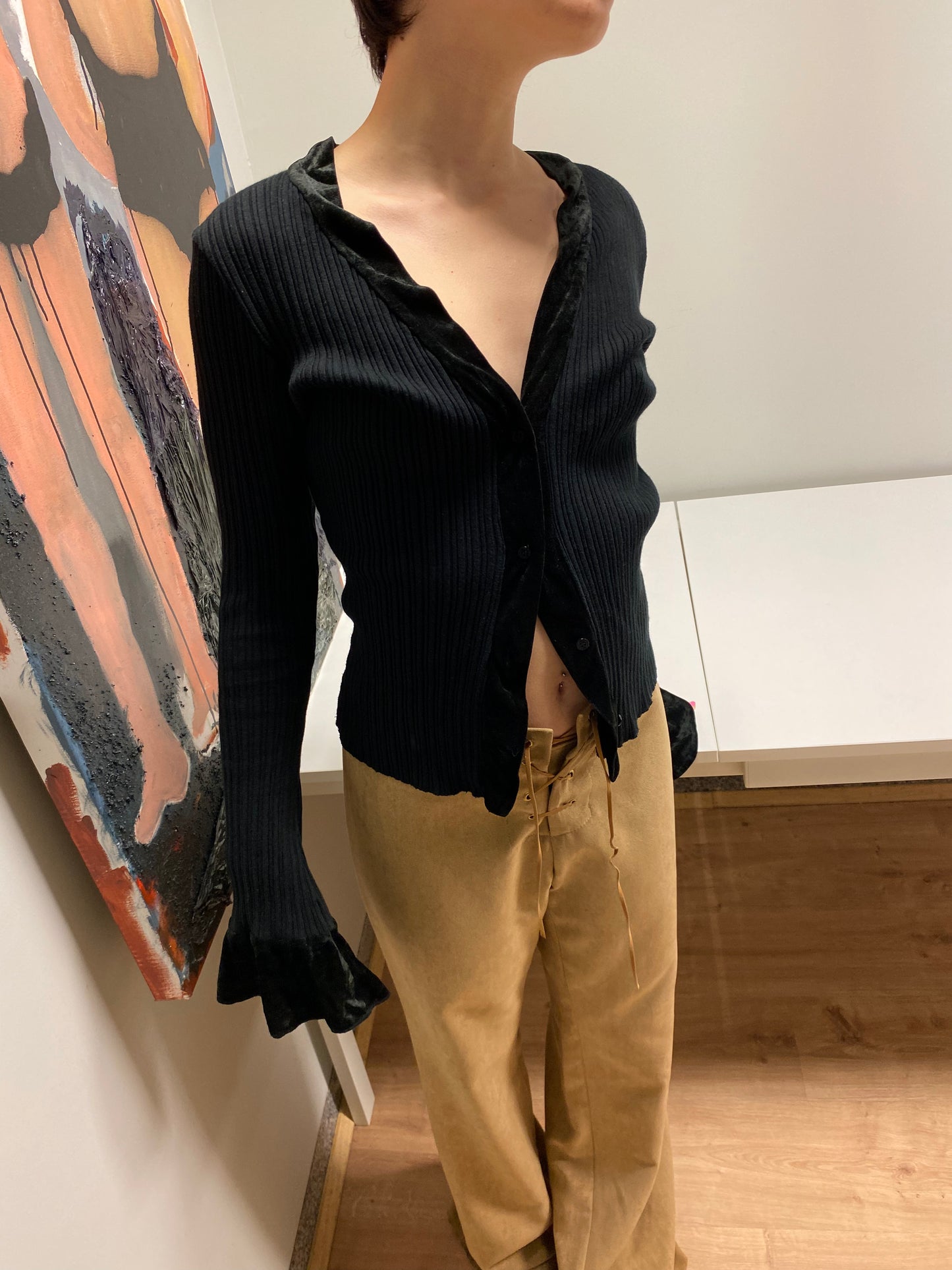KENZO black ribbed cardigan with velvet detailing (S/M)