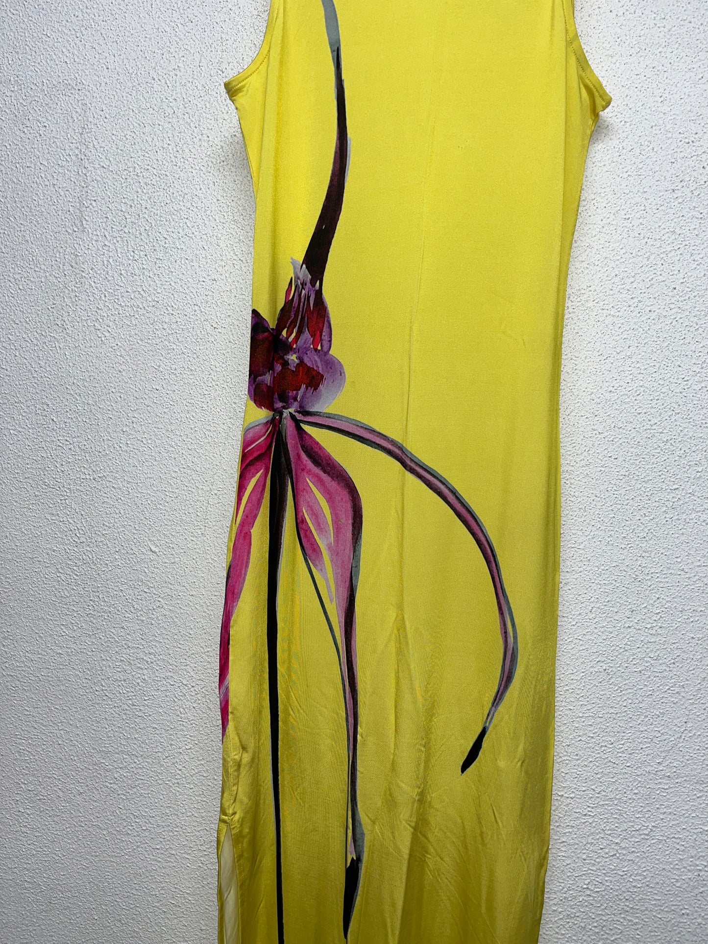 LOUISA BALLOU yellow stretchy maxi flower print dress (M)