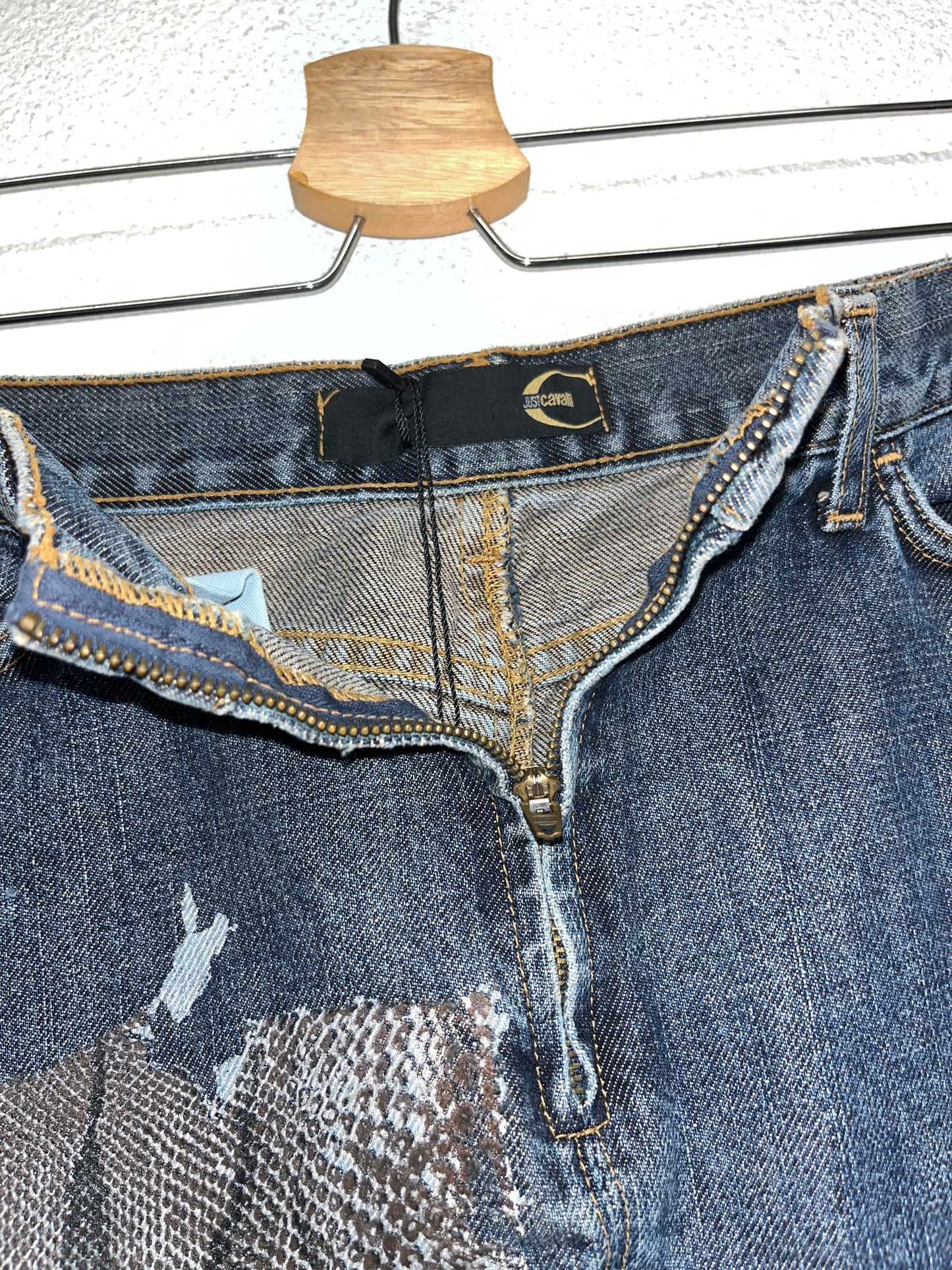 ROBERTO CAVALLI Denim skirt with snakeskin print (M)