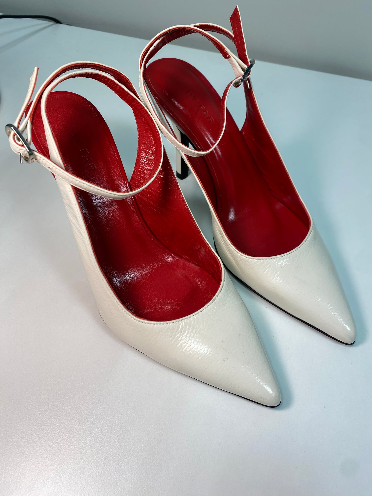 BY FAR white leather strap heels (37)