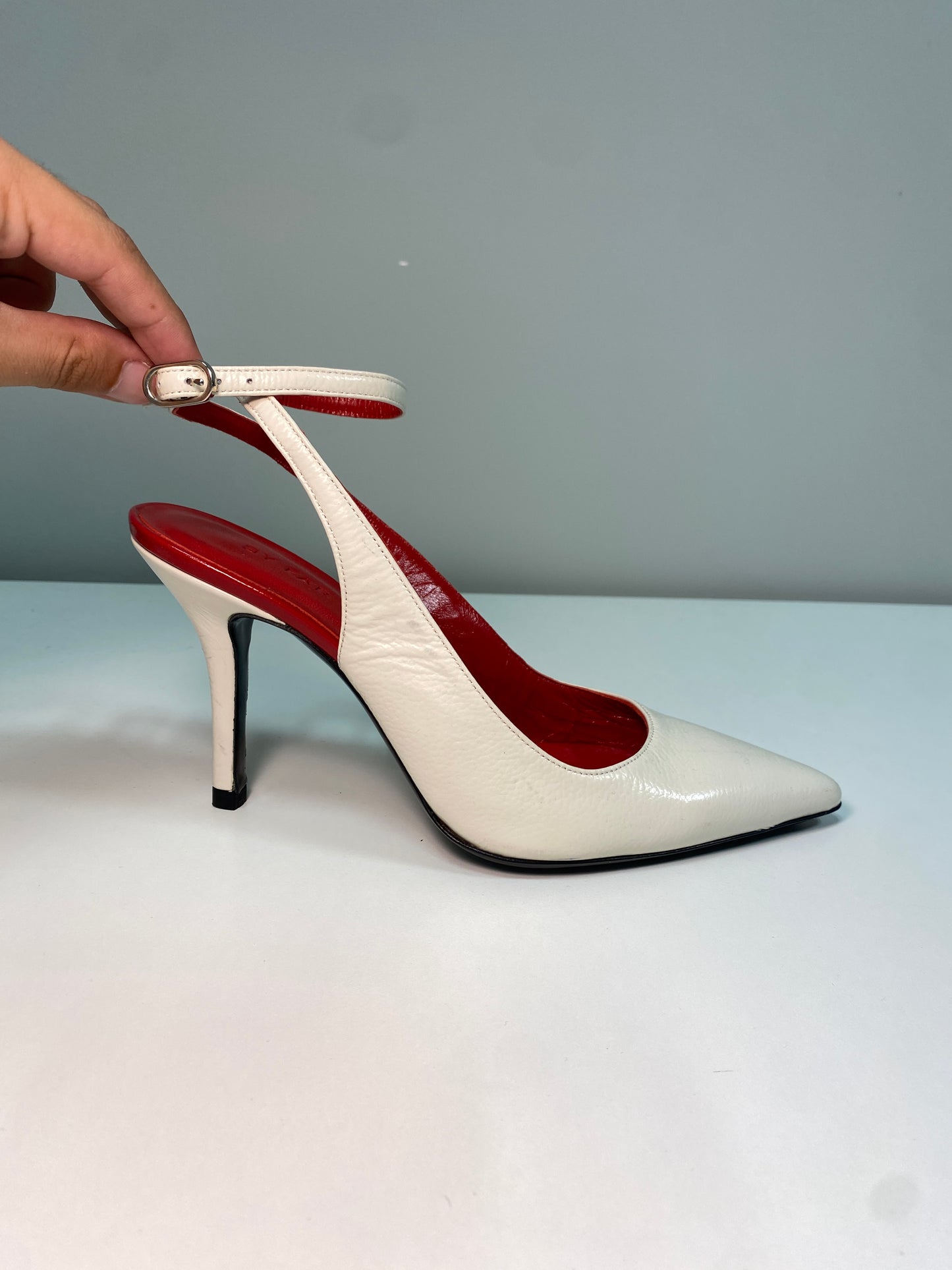 BY FAR white leather strap heels (37)