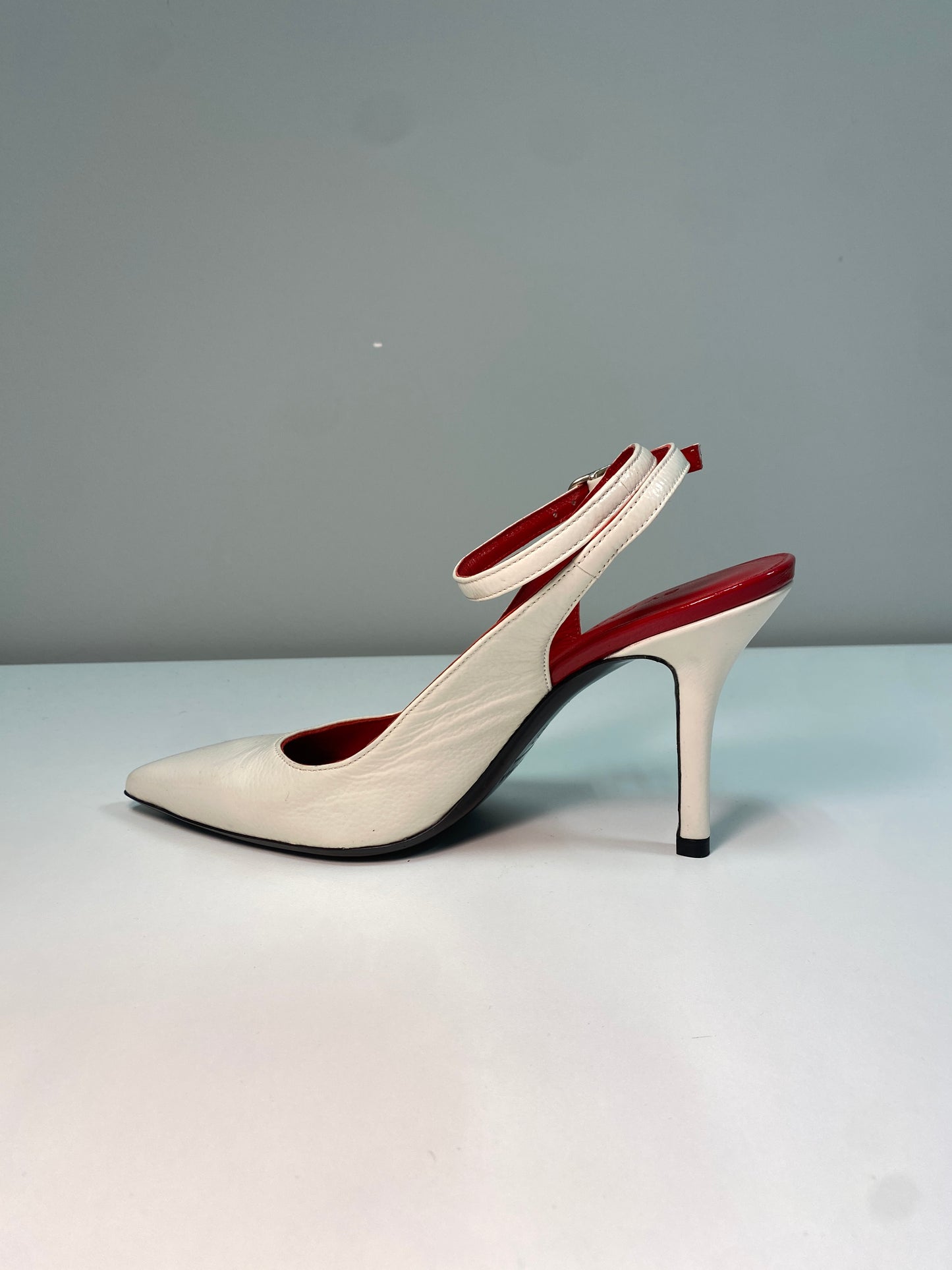 BY FAR white leather strap heels (37)
