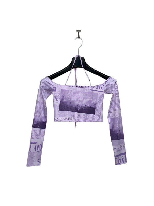 VINTAGE y2k newspaper print open shoulder top (S)