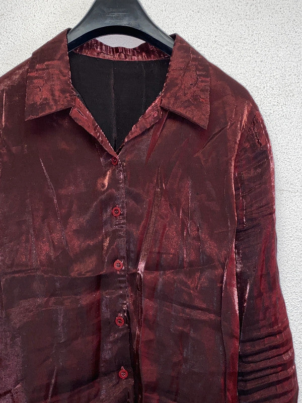 VINTAGE red shiny button up blouse shirt (S)