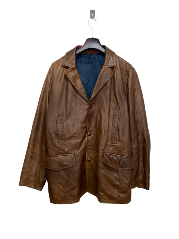 VINTAGE brown distressed leather midi jacket (XL)