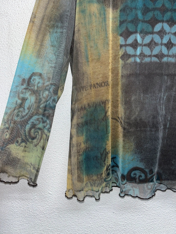 VINTAGE abstract pattern printed mesh longsleeve top (M/L)