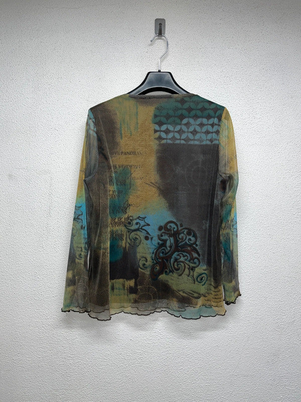VINTAGE abstract pattern printed mesh longsleeve top (M/L)