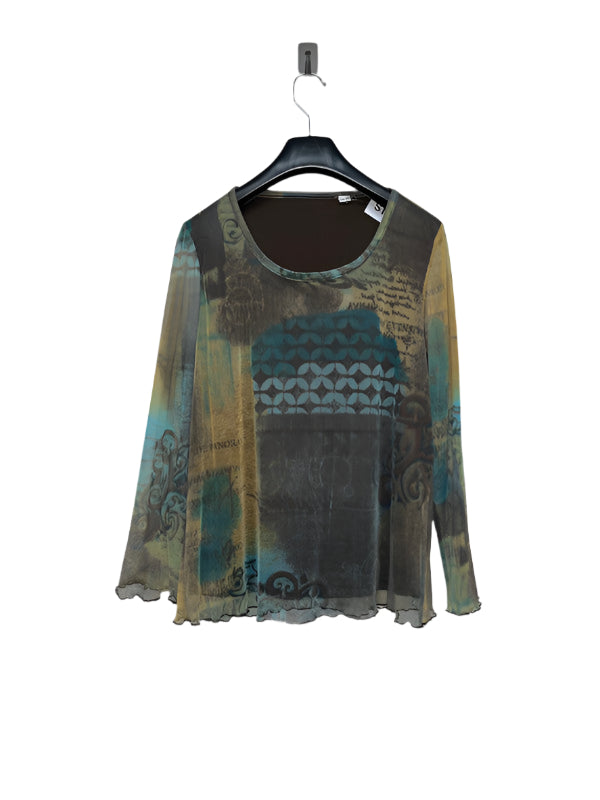 VINTAGE abstract pattern printed mesh longsleeve top (M/L)