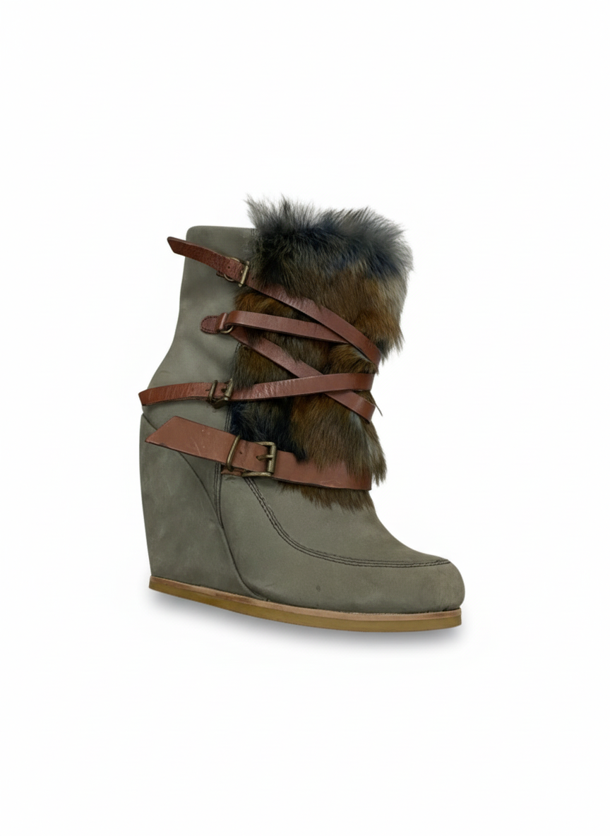 MAJE fur wedge olive green boots (39)