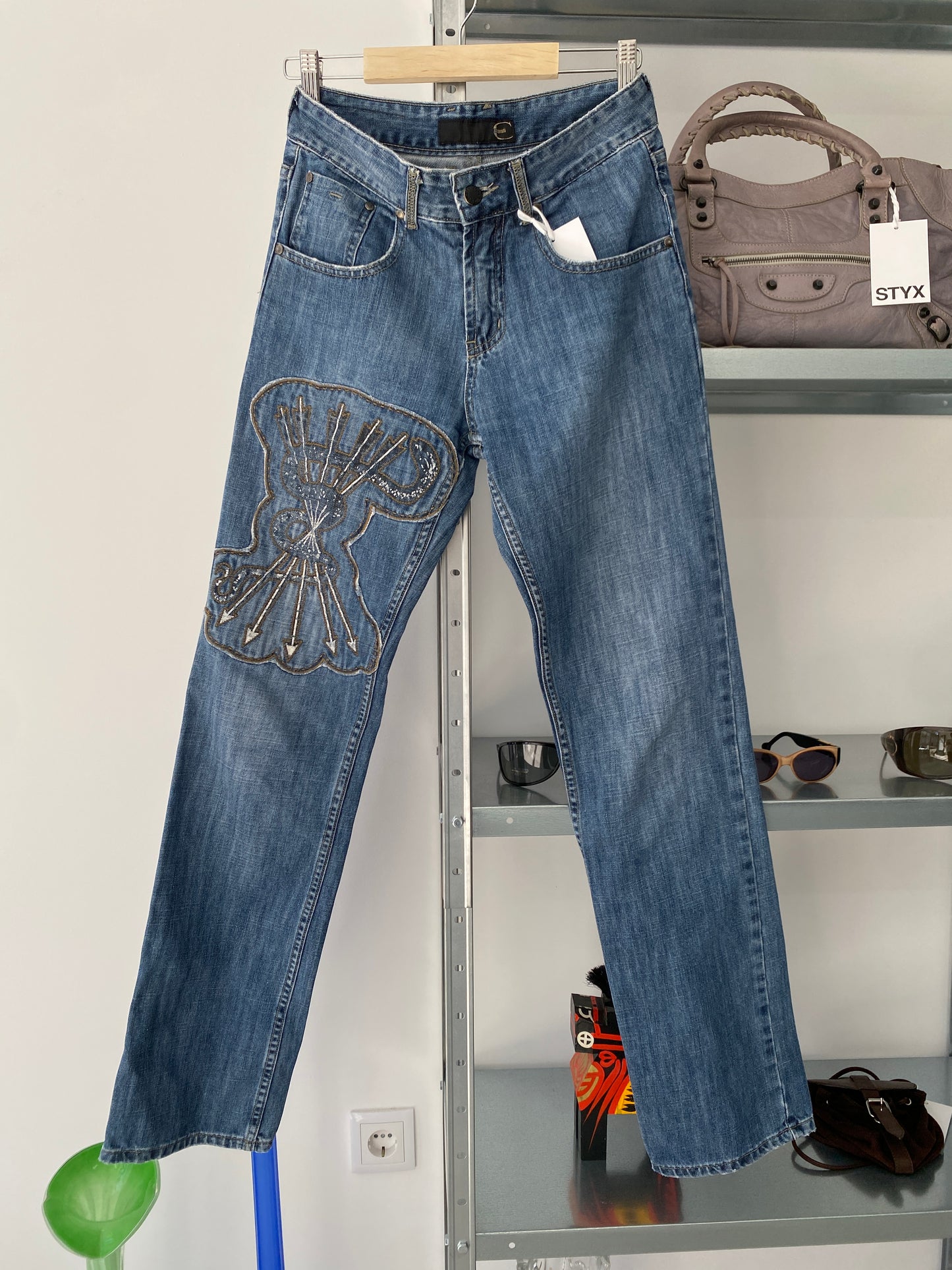 ROBERTO CAVALLI denim trousers w/ snake embroidery(M)