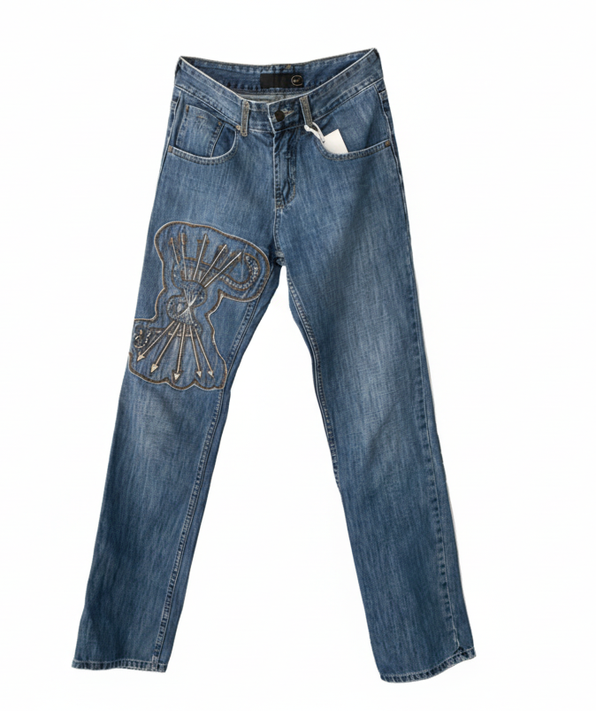 ROBERTO CAVALLI denim trousers w/ snake embroidery(M)