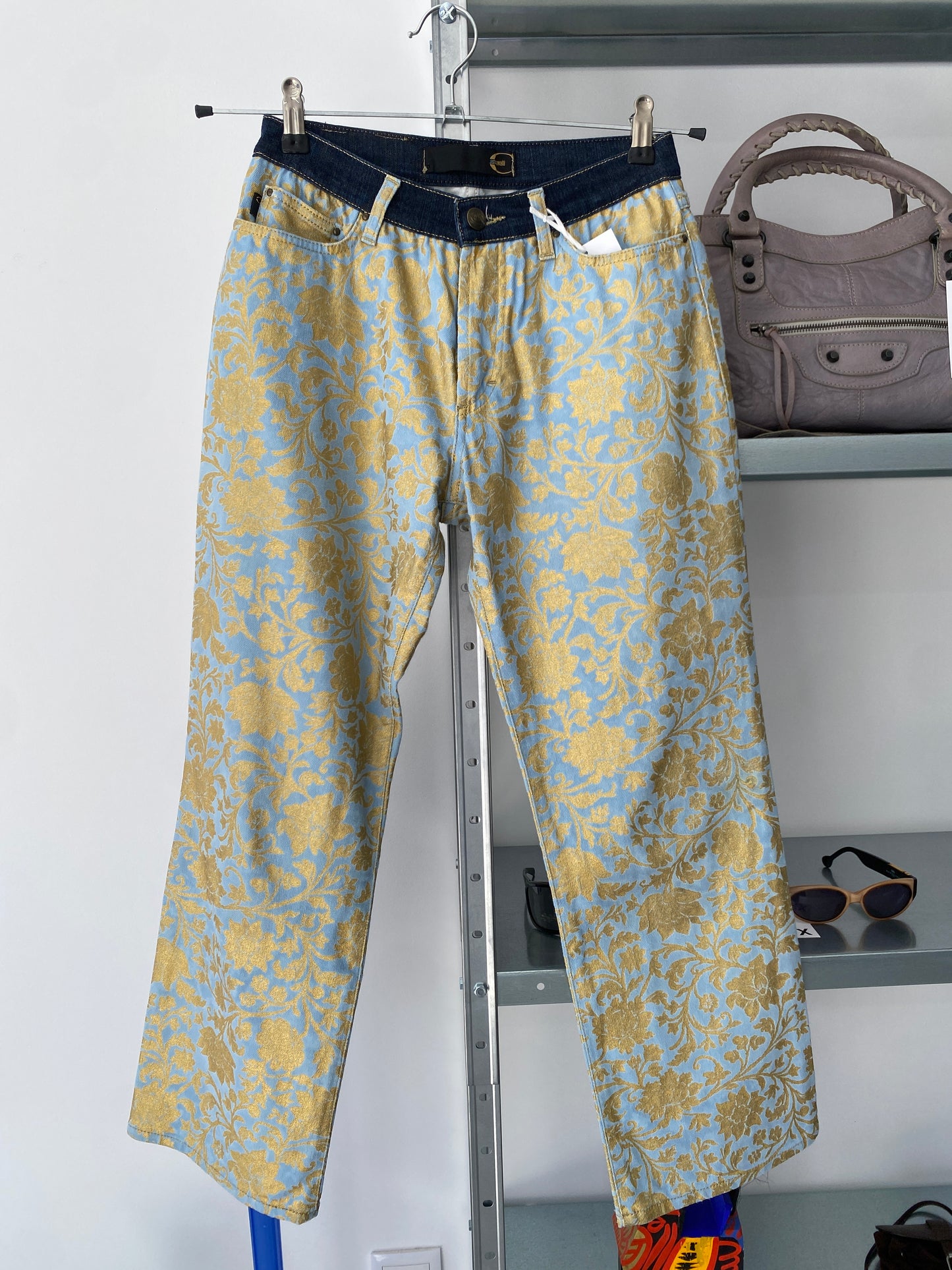 ROBERTO CAVALLI floral blue pants w/ golden flower pattern (S)