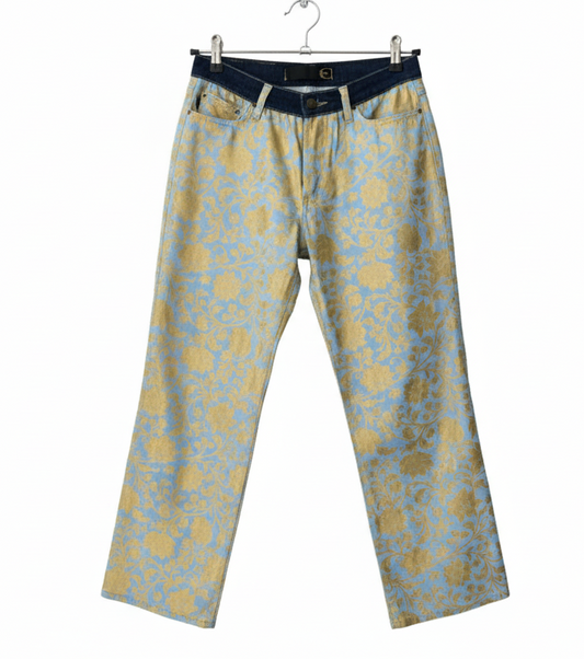 ROBERTO CAVALLI floral blue pants w/ golden flower pattern (S)