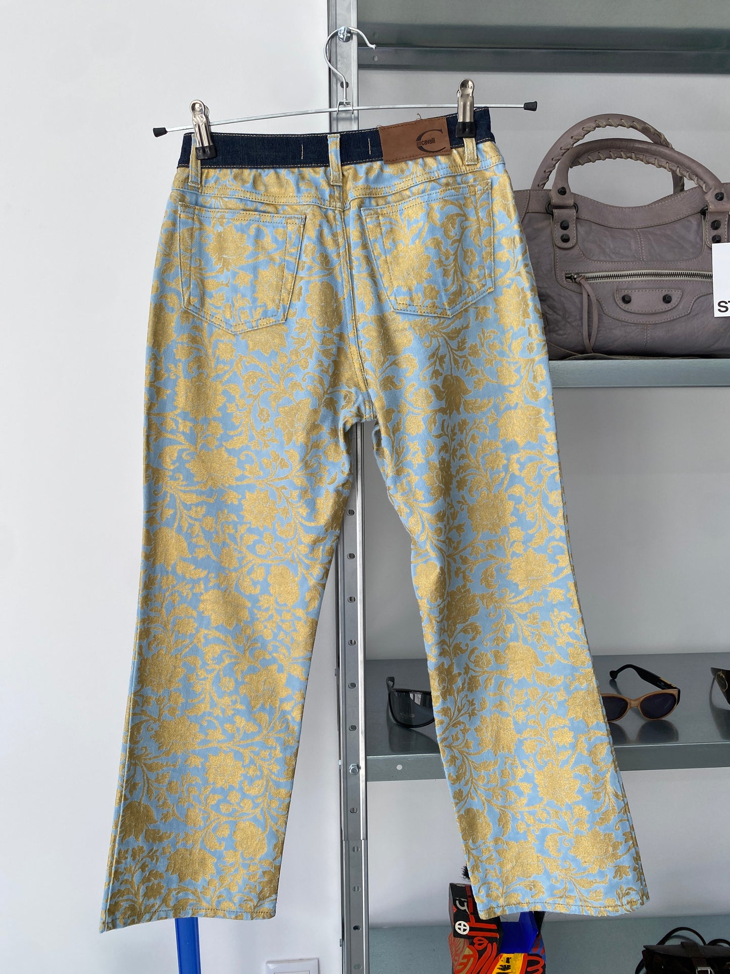 ROBERTO CAVALLI floral blue pants w/ golden flower pattern (S)