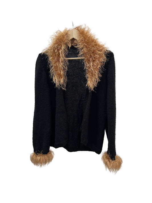 VINTAGE cardigan with faux fur collar and cuffs (L)