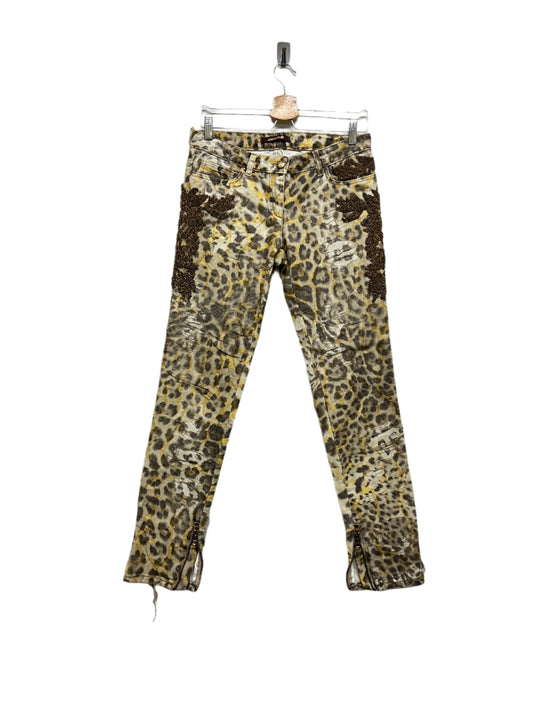 ROBERTO CAVALLI cotton leopard print distressed sheer slim fit with bead detailing trousers (M)