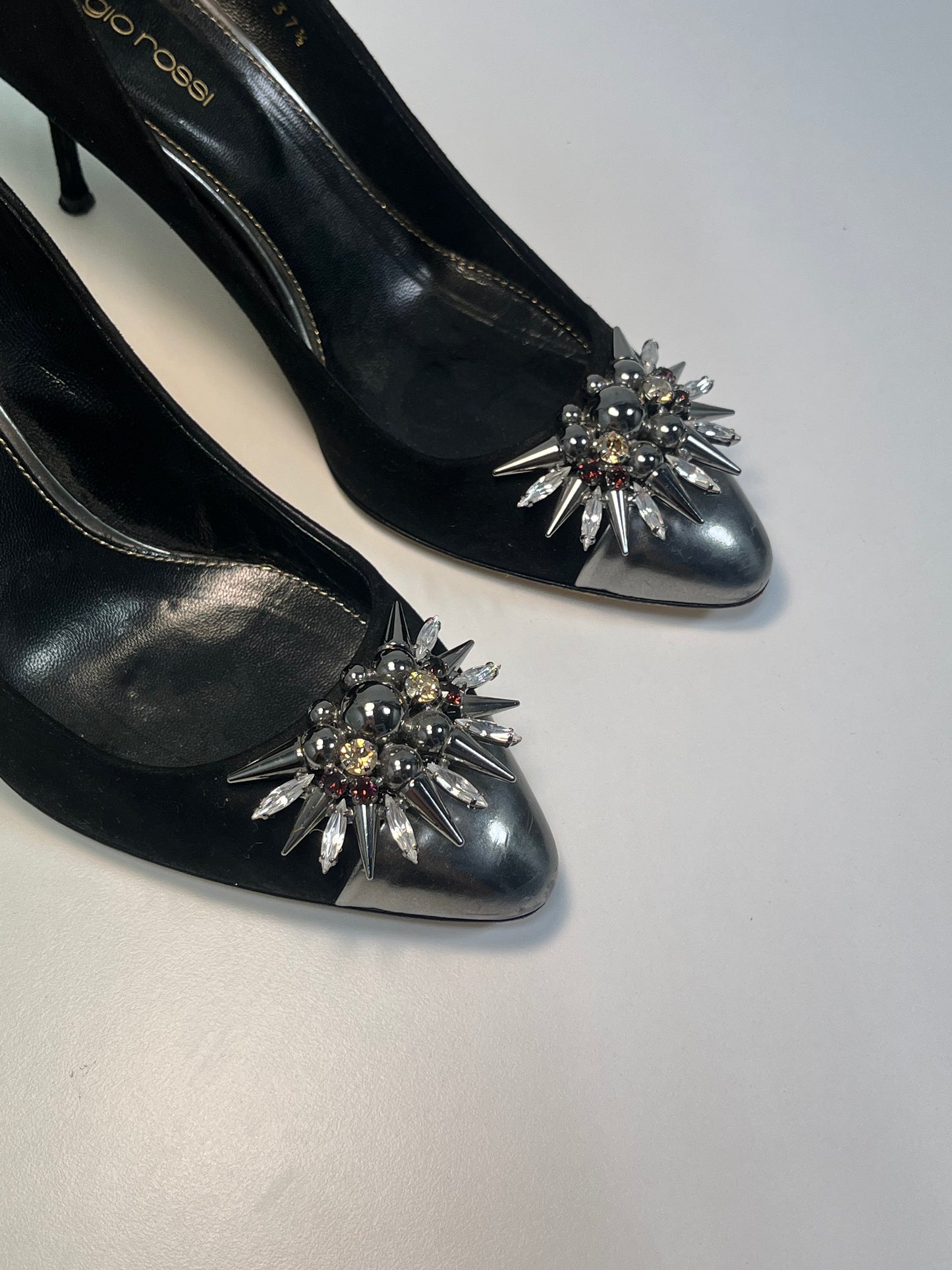 SERGIO ROSSI black leather Shoes with embellished silver details (37.5)