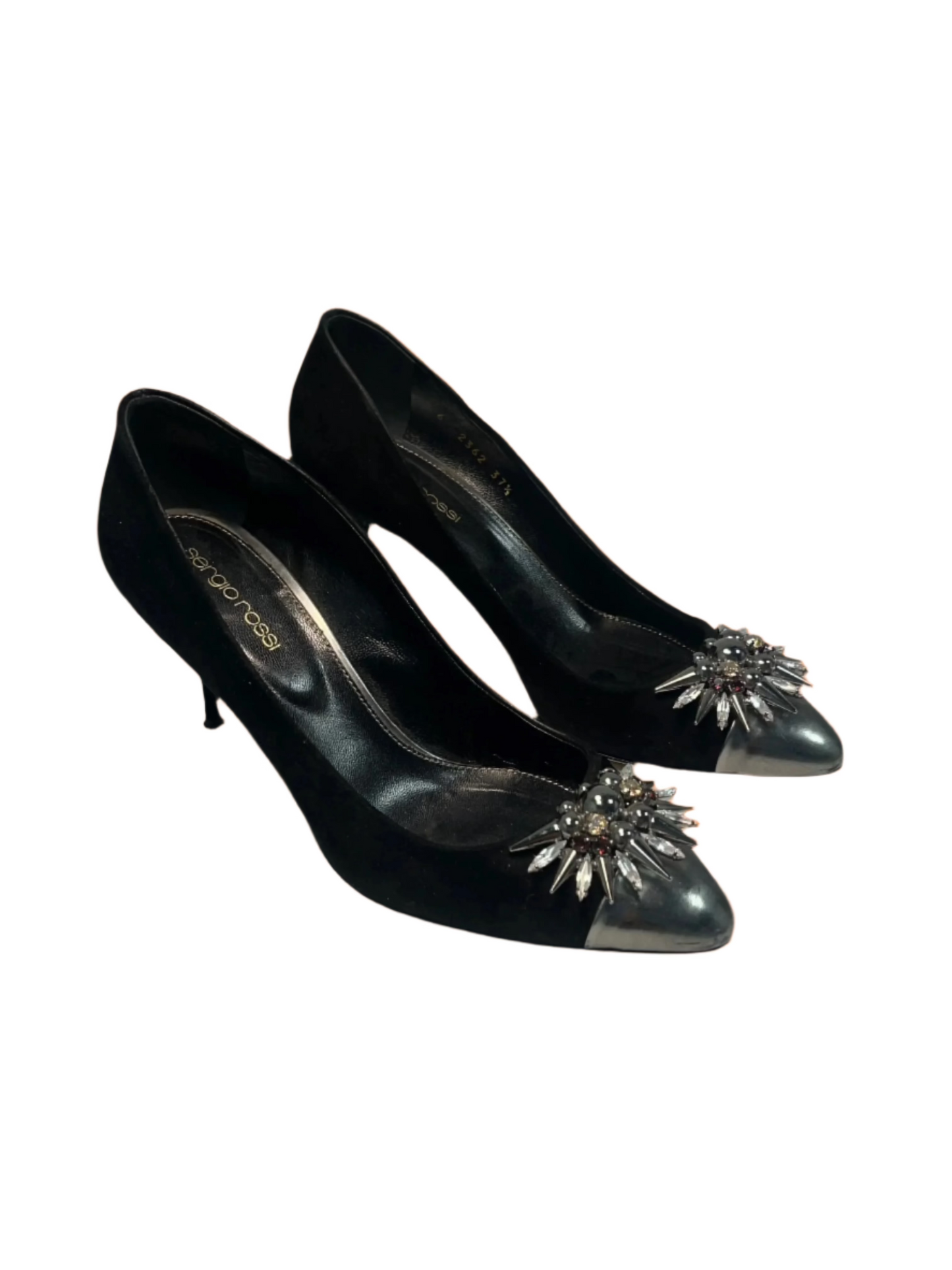 SERGIO ROSSI black leather Shoes with embellished silver details (37.5)