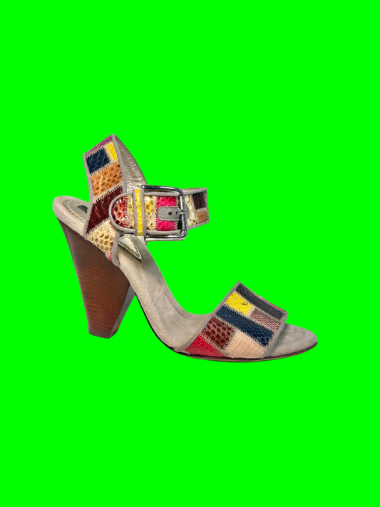 DOLCE & GABBANA leather patchwork sandal heels with wood platform (38)