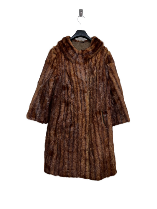 VINTAGE 90s striped brown asymmetrical midi real fur coat (M)