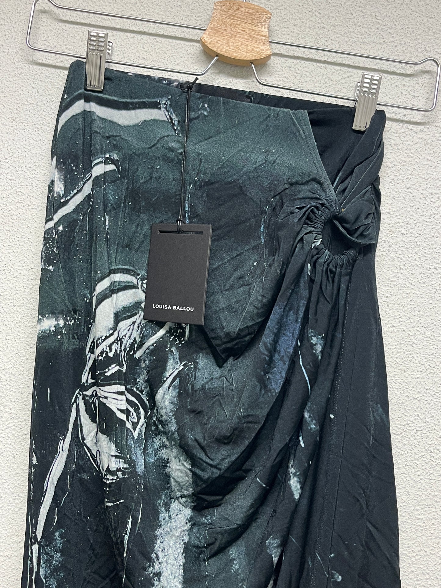 LOUISA BALLOU abstract print asymmetrical draped midi skirt with golden hoop (XS/S)