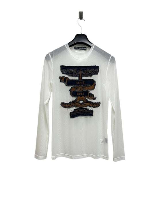Y/PROJECT Paris Best white mesh longsleeve top with denim maxi patch (L)