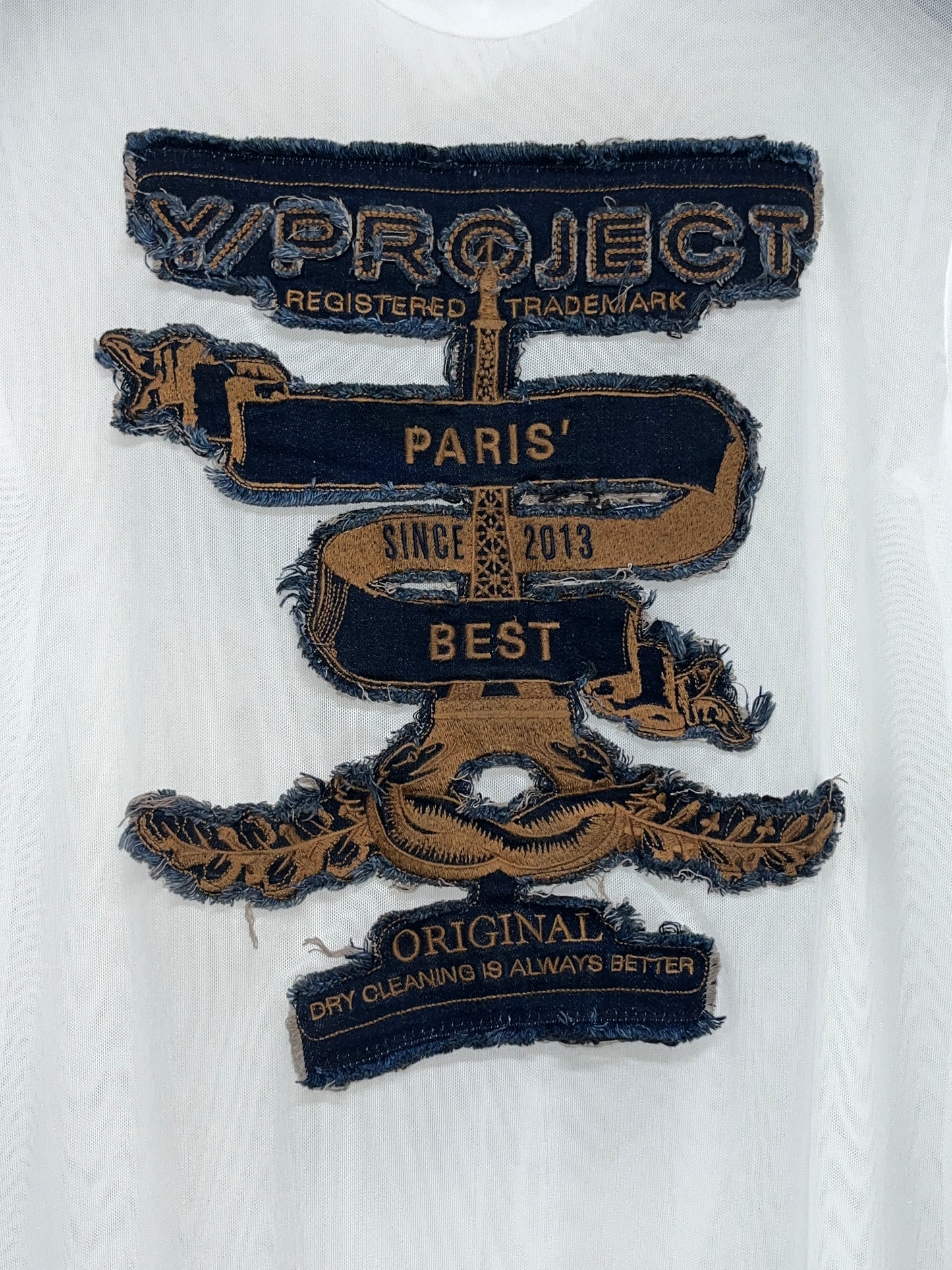 Y/PROJECT Paris Best white mesh longsleeve top with denim maxi patch (L)